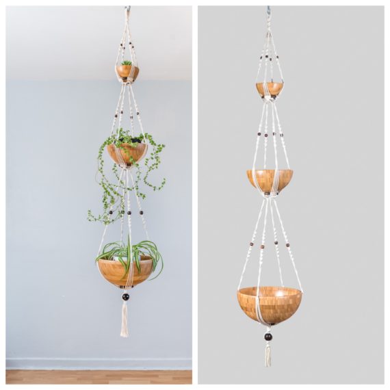 suspension en macramé triple pour plantes